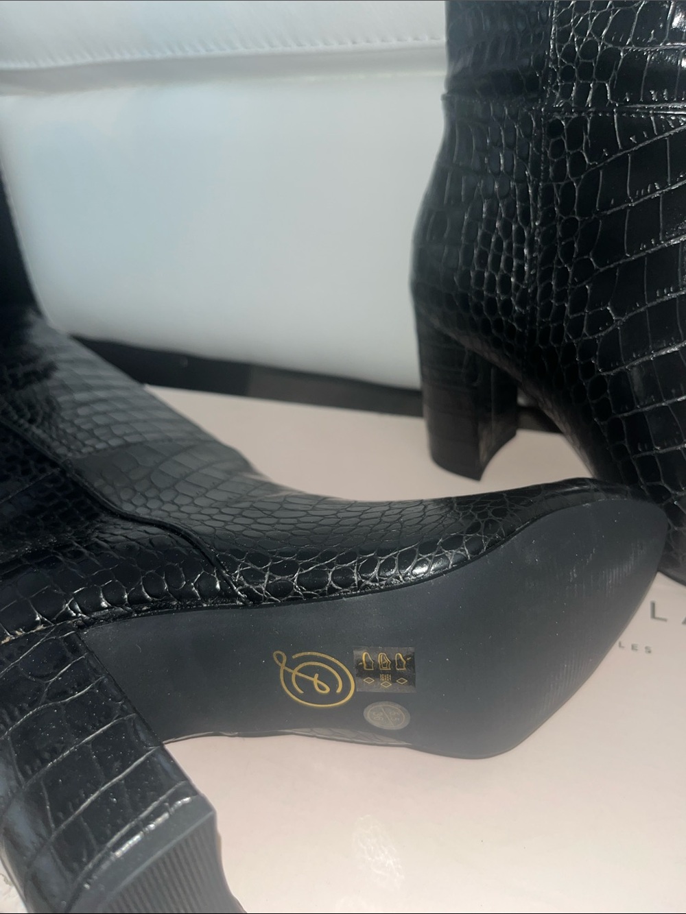 Chinese Laundry Black Croc-Embossed Knee-High Block Heel Boots - Picture 4 of 6